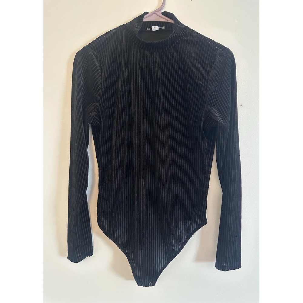 Cara Santana x Nine West Top Bodysuit Med Black Velvet Ribbed Snap Long Sleeve M